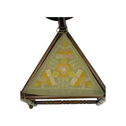 19th century swedish monk's chair, the oak frame with triangular seat and sloped arms, the backrest carved with geometric chipwork and a central pierced medallion 