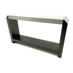 Black finish oak console table, canted corners, black glass top with chrome frame, solid end supports joined by single undertier