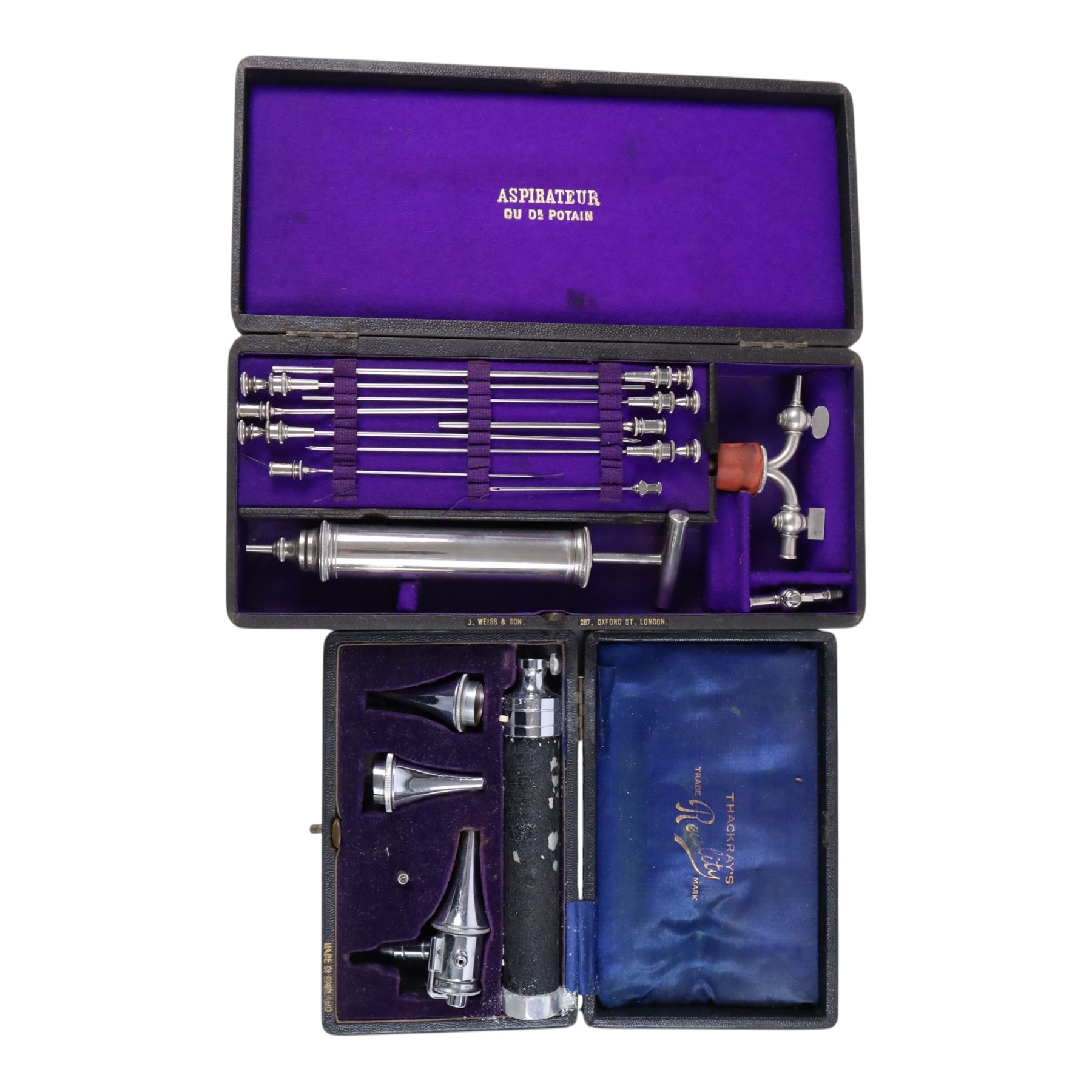 Collection of early 20th century and later medical equipment, including portable inhaler, tonsil guillotine, aspirator, steel catheter set, etc, in leather boxes
