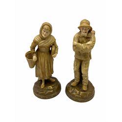 Royal Dux figure modelled as a fish seller, with applied triangle mark to the base and impressed model number 2292, H27cm, together with three Royal Dux style elephants, and a pair of Austrian Turn Wien figures, each carrying 'striker' baskets for matches. 