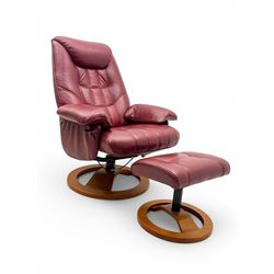 Contemporary burgundy leather reclining armchair and footstool, featuring segmented uphols...