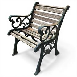 Pair of cast iron and wooden slatted chairs