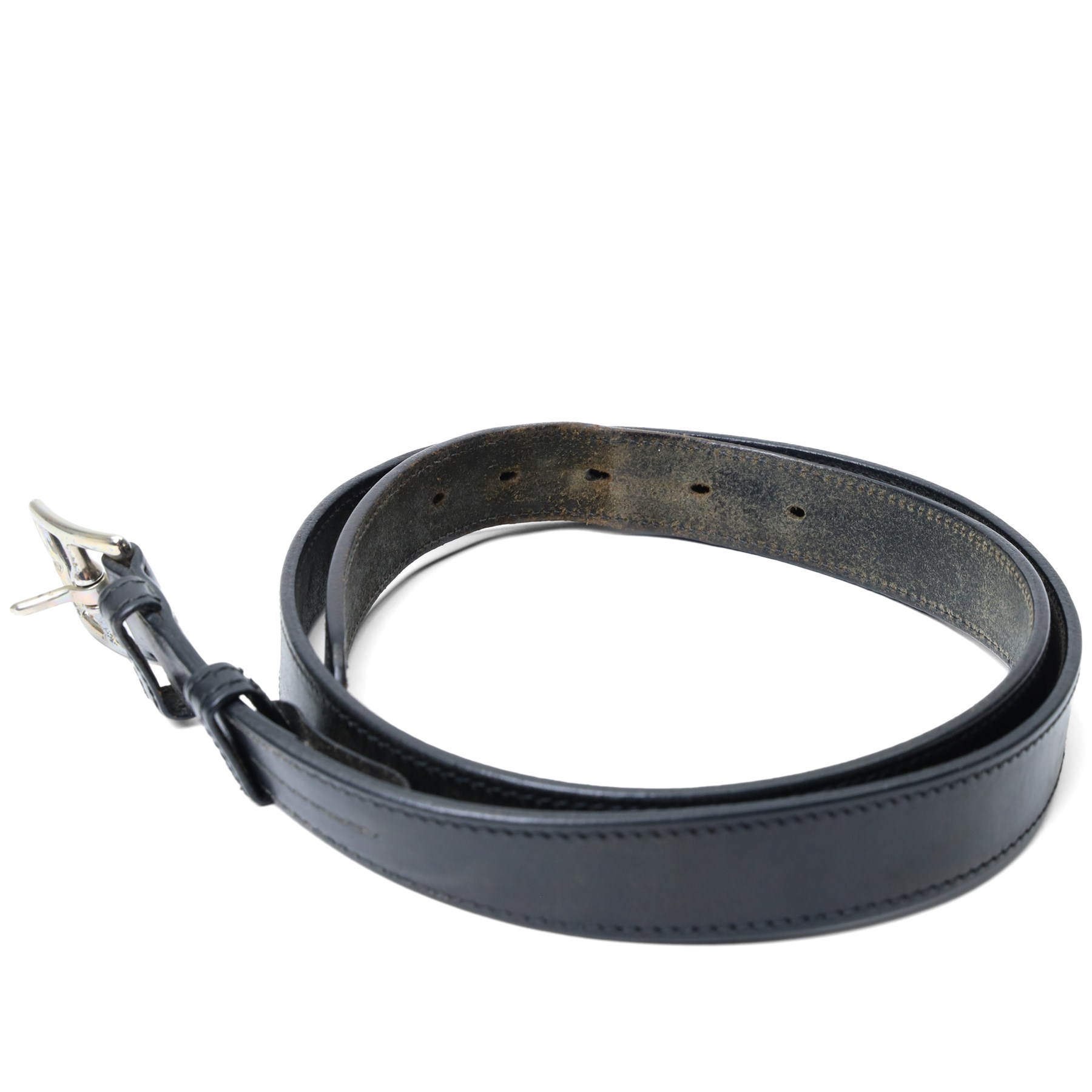 Hermès - vintage black leather belt, with silver-tone rectangular pin buckle and stitched edging, stamped HERMÈS; with additional Hermes reversible black and brown belt (no buckle), size 80