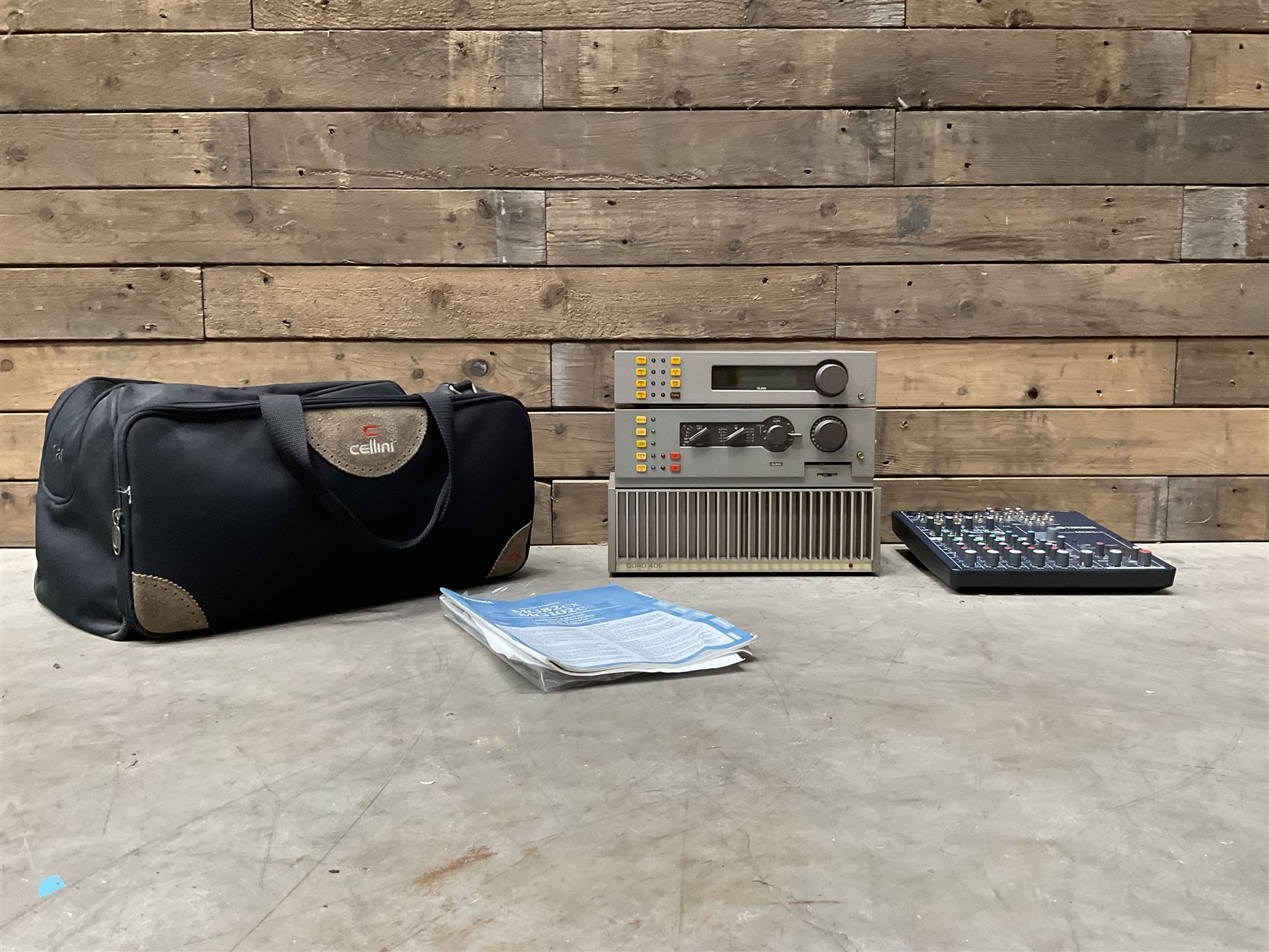 Quad FM4 tuner, a Quad 405 power amplifier, a Quad 34 preamplifier, a Yamaha MG82CX and various cables