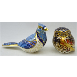  Two Royal Crown Derby paperweights, 'blue jay' and 'little owl', boxed, with gold stoppers  