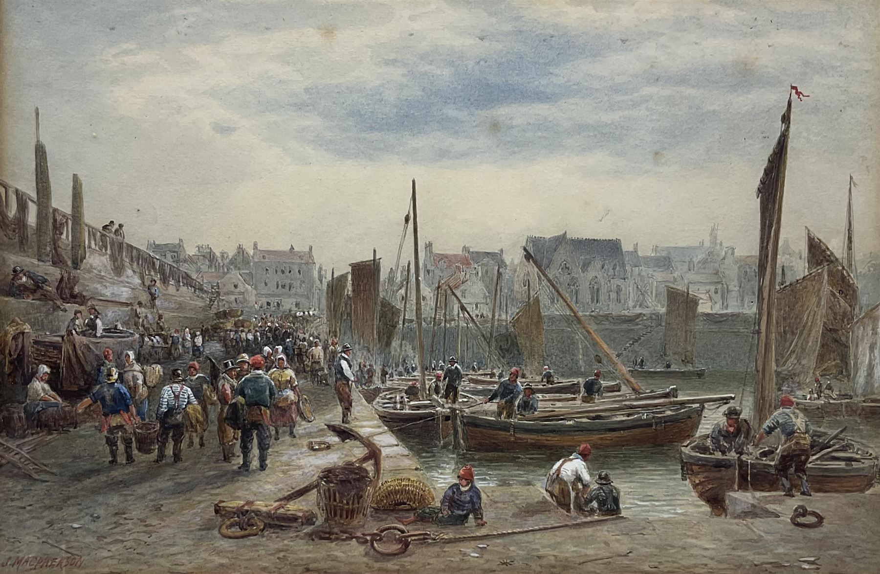 John MacPherson (Scottish fl.1858-1891): Busy Scottish Harbour Scene, watercolour signed 23cm x 34cm 