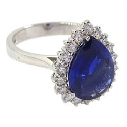 18ct white gold fine pear shaped Ceylon sapphire and round brilliant cut diamond cluster ring, hallmarked, sapphire approx 3.65 carat