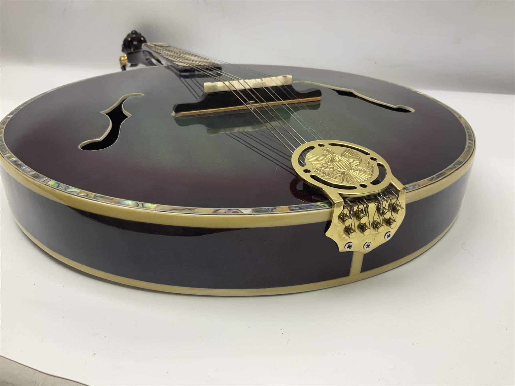 Chinese F-hole eight-string mandolin with sunburst finish, mother-of-pearl inlay of dragons chasing the flaming pearl and dragon carved headstock L71cm