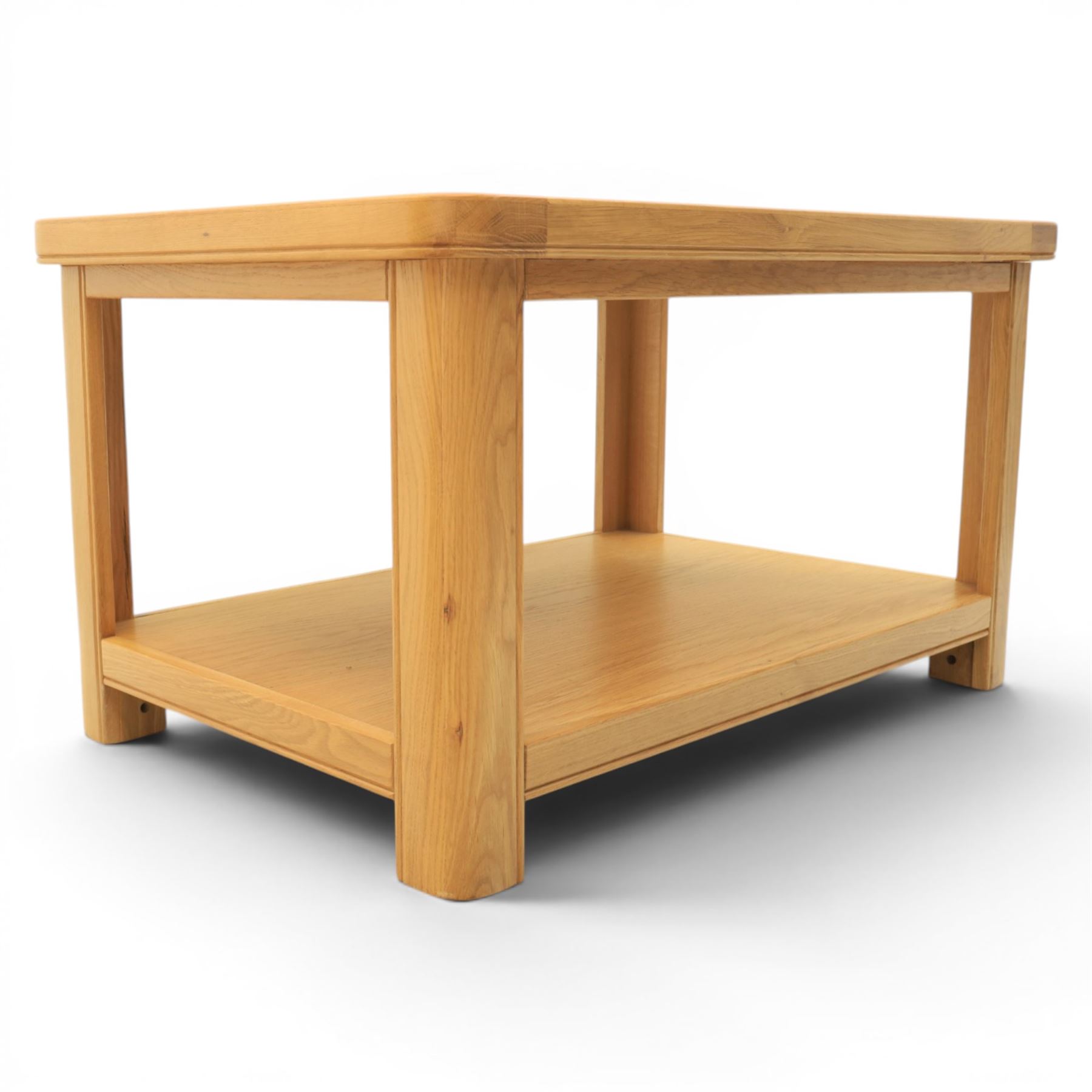 Modern oak living room set comprising; a small side cabinet, corner TV stand and coffee table, cabinet with single drawer and cabinet, finished with metal handles (H 80cm, D 32cm, W 80cm), TV stand with open recess and rear aperture for wires, above nine drawers with chrome pulls (H 62cm, D 50cm, W 84cm)  coffee table with curved edges and full length undertier (H 50cm, D 60cm, W 90cm)  