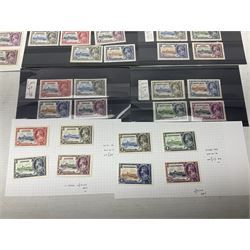 King George V 1910-1935 Silver Jubilee stamps, including Antigua, Basutoland, Cayman Islands, Fiji, Nyasaland, Jamaica, St Helena, Seychelles, Swaziland, St Lucia, British Guiana etc, housed on pages and stockcards 