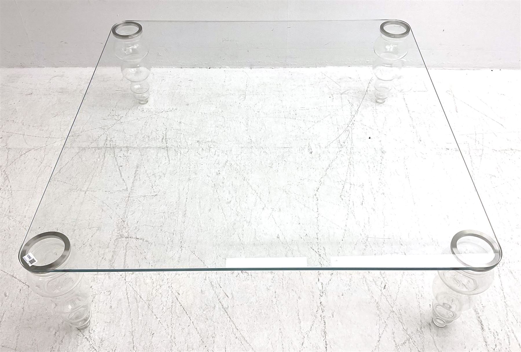 Gallotti and Radice - contemporary glass coffee table, rounded square top on turned vasiform glazed supports 