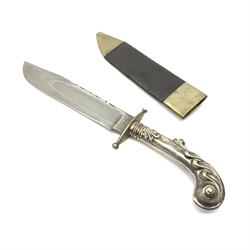 Large Bowie knife, the 20cm steel blade marked R. Coope(r?) Sheffield England, with plated crosspiece and pistol grip embossed with scrolls and anthemion, in plated and leather scabbard L33cm overall