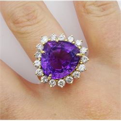 18ct gold amethyst and round brilliant cut diamond cluster ring, amethyst approx 8.00 carat, total diamond weight approx 1.30 carat