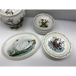 Portmeirion Birds of Britain pattern, dinner service for eight, to include covered soup tureen with ladle, dinner plates, soup bowls, side plates, oval plates, a serving platter, two oval serving dishes, salt and pepper, etc and eight shell dishes in the British fish pattern (56) 