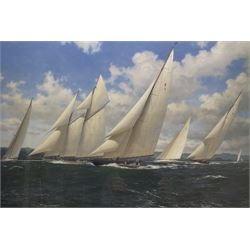 John Steven Dews (British 1949-): J Class Yachts Racing off The Coast, limited edition colour print signed and numbered 294/495 in pencil 51cm x 76cm