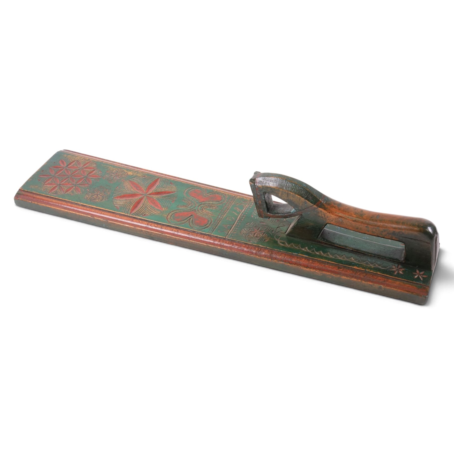 Mid 19th century Norwegian carved mangle board, dated 1836, of rectangular form with carved dala horse handle, with geometic red floral carvings upon a green ground, L63cm