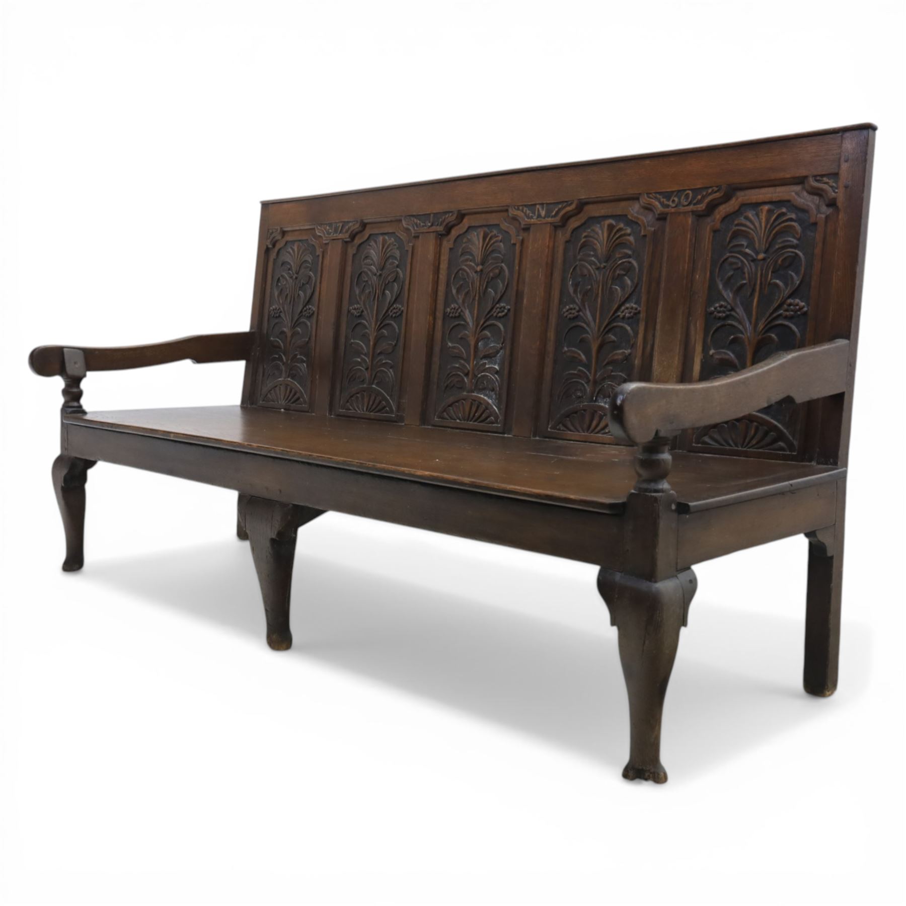 18th century oak hall bench or settle, five foliate carved back panels, dated 1760