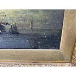 William Adolphus Knell (British 1801-1875): Shipping at Sunrise and Sunset, pair oils on canvas signed 13cm x 26cm (2)