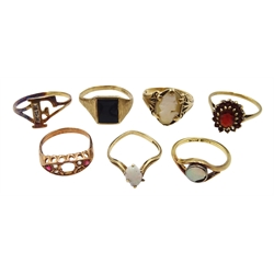 Six 9ct gold stone set rings and an 18ct gold opal ring, hallmarked, stamped or tested