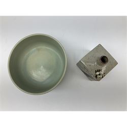 Quantity of studio pottery to include square section vase decorated with blossoming branches, other studio pottery to include jugs, bowls, vases etc, with various marks, duck egg b,J.E. bowl stamped Buchan, continental pottery, other stoneware pottery to include glazed jar with lid etc