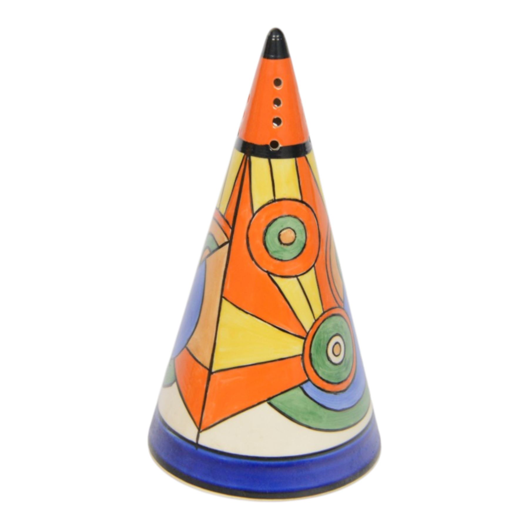 Wedgwood Bizarre by Clarice Cliff, four Conical Sugar shakers, comprising May Avenue, Trees and House, Sliced Circle and Orange Roof Cottage, all with certificates and boxes 