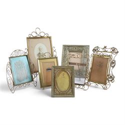 Collection of brass photo frames, including wire work examples, largest H37cm