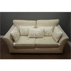  Three piece lounge suite three seat sofa upholstered in cream fabric (W190cm, D101cm), and matching pair armchairs (W94cm)   