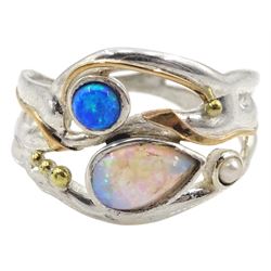 Silver and 14ct gold wire two stone opal and pearl ring, stamped 925