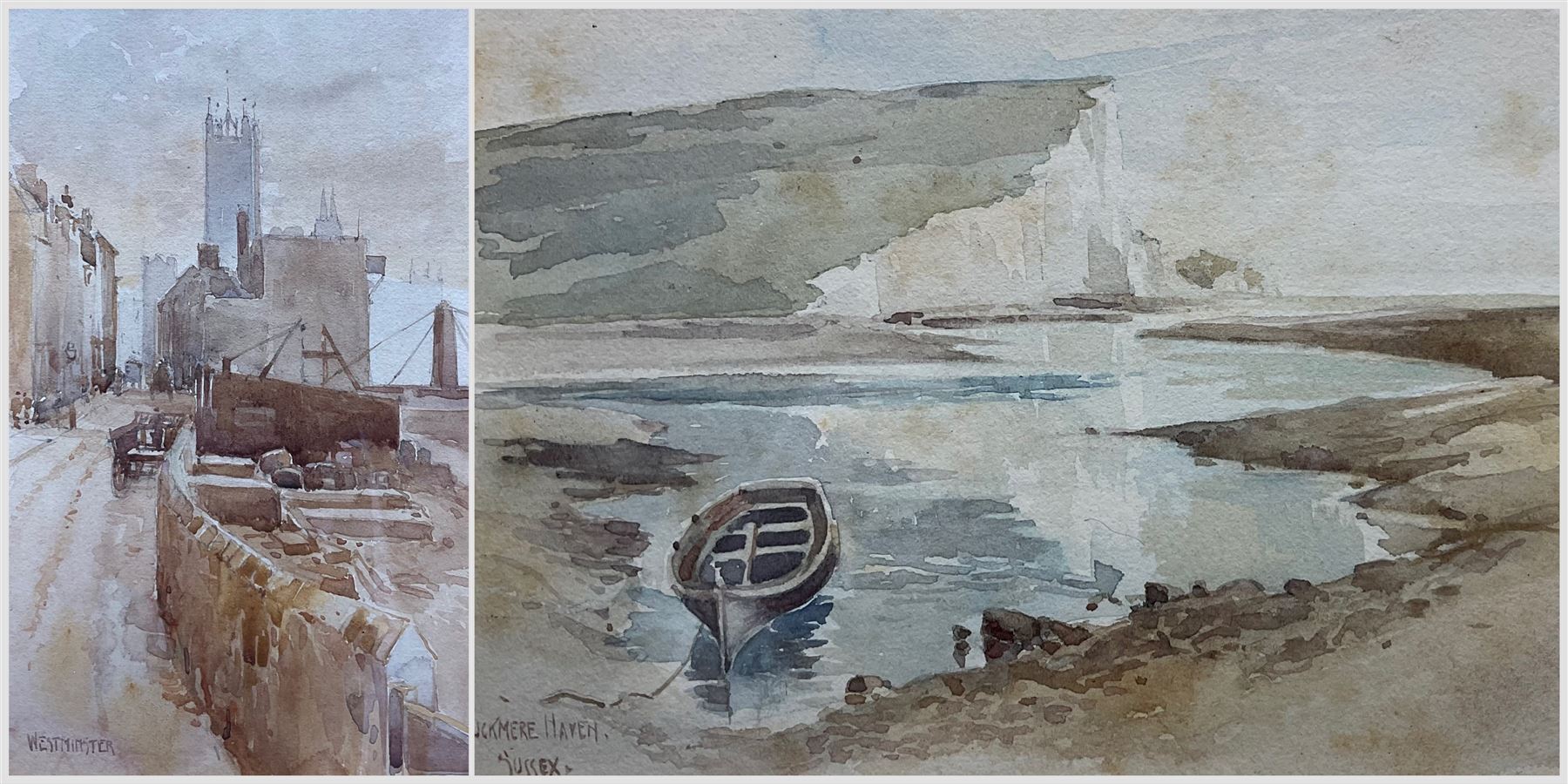 English School (Early 20th century): 'Westminster' and 'Cuckmere Haven - Sussex', pair watercolours titled unsigned 16cm x 10cm (2)