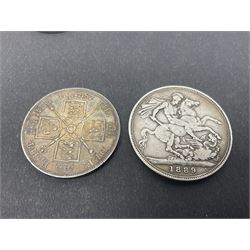 Queen Victoria 1889 silver crown coin, two double florins dated 1887, 1890 and a George III crown with illegible date (4)