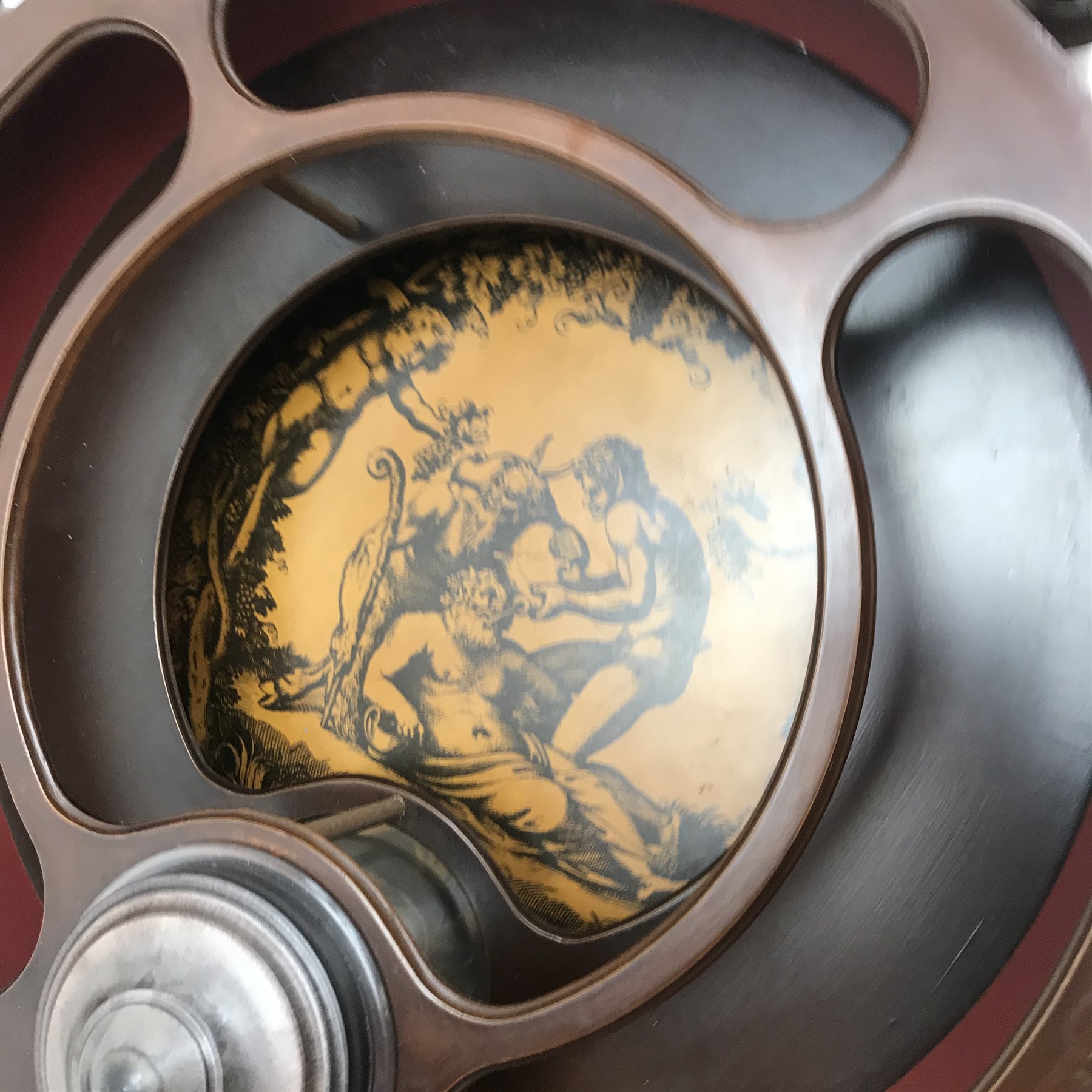 Globe drinks cabinet, turned supports joined by shaped stretchers, D74cm, H105cm