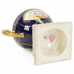 Early 20th century Minton porcelain twin handled pedestal cup, decorated with two reserve painted with birds against a blue ground, upon a square plinth painted with pink roses, the whole heighted with gilt, with puce printed mark beneath, H11.5cm, together with an early 20th century Minton twin handled vase, of ovoid form decorated with two painted portrait medallions, surrounded by gilt foliate scrolls, upon a blue ground, the neck painted with a band of pink roses, with gilt printed mark beneath, H11.5cm, and an early 20th century Minton twin handled pedestal vase and cover, painted with pink rose and vine swags upon a white ground, with puce printed mark beneath, H18.5cm, (3) 