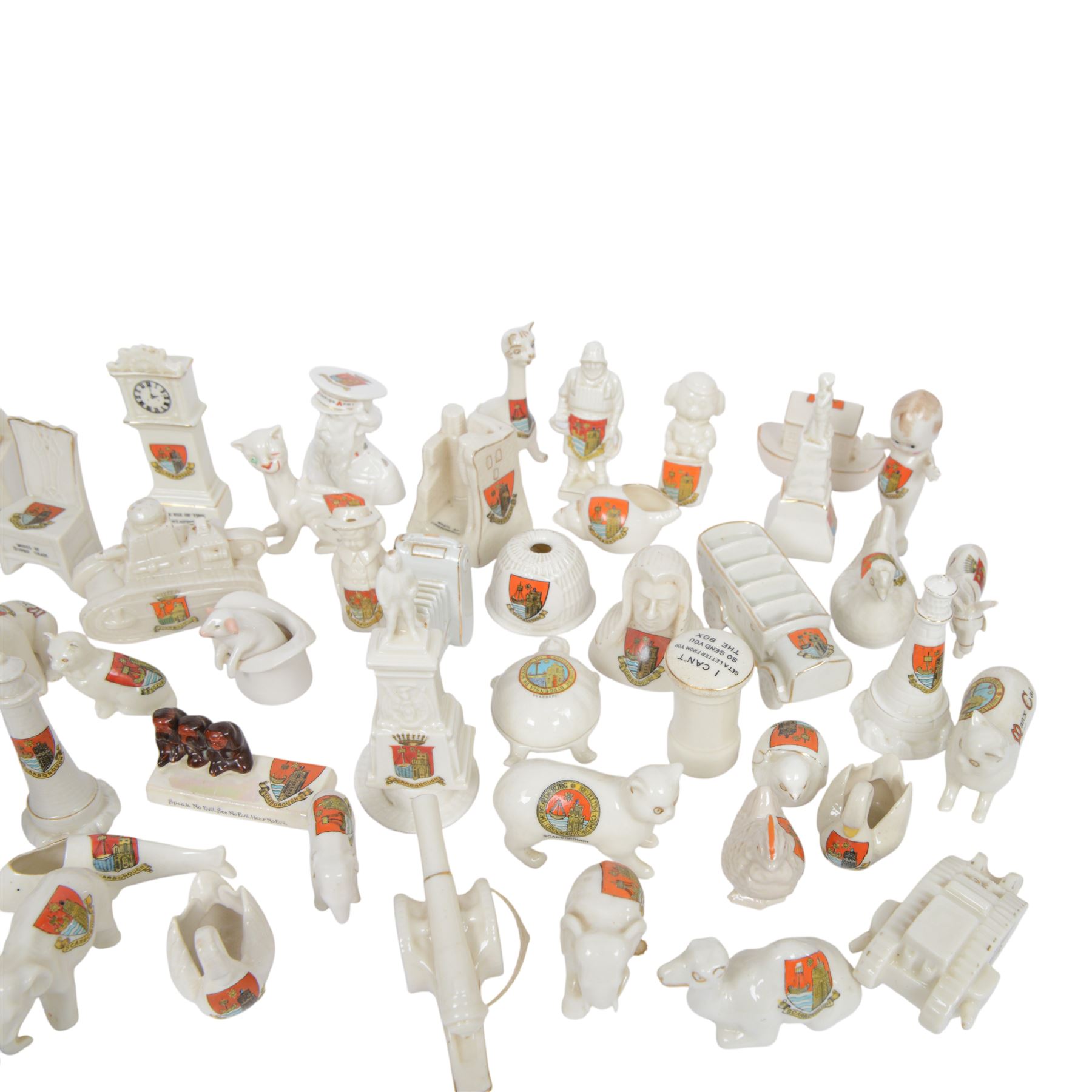 Scarborough Crested Ware including, tanks, a grenade, plane, canon, Scarborough castle, lobster pot, camera etc   