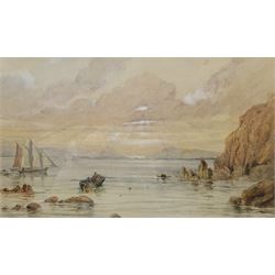 English School (Early 20th century): Fishing in a Rocky Cove, watercolour unsigned 31cm x 53cm