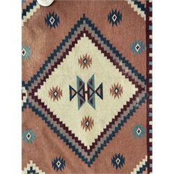 Flatweave rug, terracotta ground with multicoloured geometric diamond motifs, framed by a teal and burgundy border, finished with fringed edges