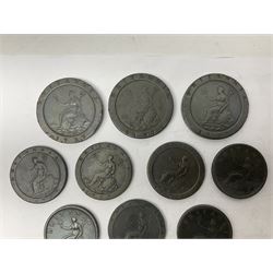 Two George III halfpenny coins dated 1799 and 1806, four pennies dated three 1806 and 1807, four 1797 cartwheel pennies and three 1797 cartwheel two pence coins