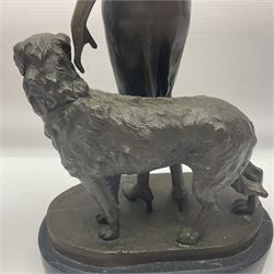 After Lorenzl Art Deco style bronze figure of a woman and dog, upon an oval marble base 