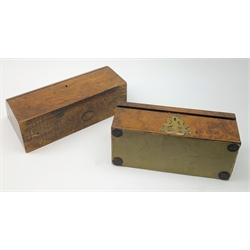A Victorian walnut correspondence box, the sloping hinged cover opening to reveal a compartmented interior, L27cm, together with a further Victorian walnut box, with scrolling brass mount to the slightly domed cover, and conforming brass escutcheon, L25cm. 