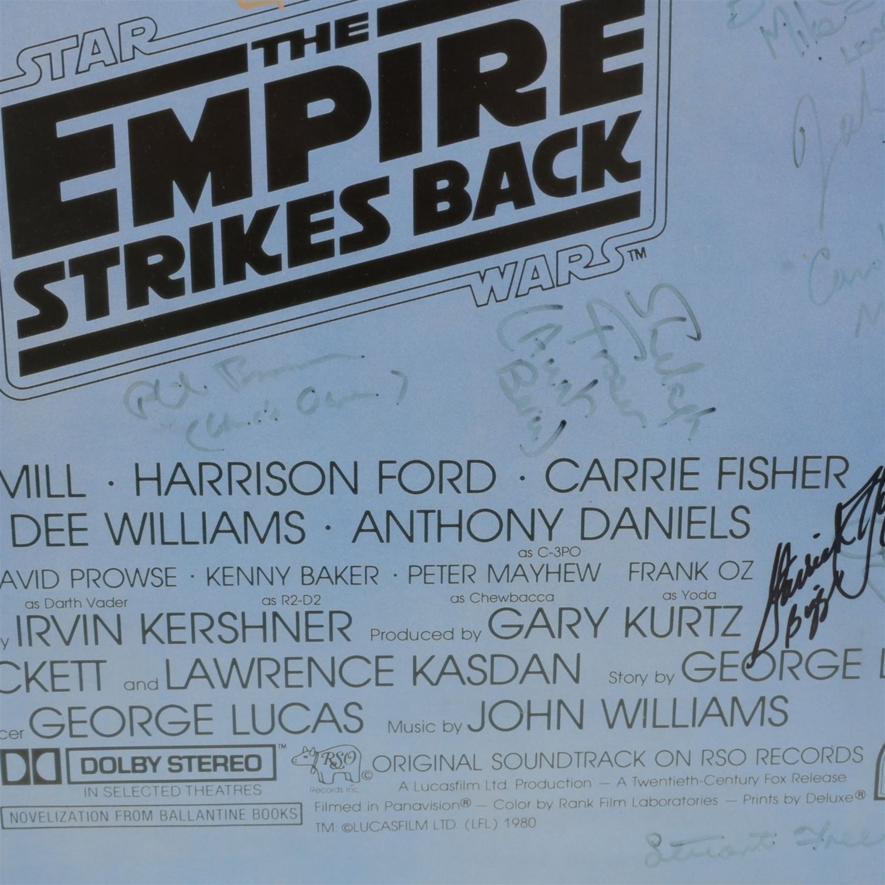 Autographed 1980s Star Wars Empire Strikes Back movie poster, with artwork by Tom Jung, with signatures including Michael Sheard (Admiral Ozzel), Koo Stark, Caroline Blakiston (Mon Mothma), Shelagh Fraser (Aunt Beru), Mike Edmonds (Logray), Peter Mayhew (Chewbacca), Jeremy Bulloch (Boba Fett), Stuart Freeborn (Creature Designer), Warwick Davies (Wicket), Michael Carter (Bib Fortuna), Dave Prowse (Darth Vader), Kenny Baker (R2D2), signatures and poster obtained at the Dave Prowse Promotions Mulitcon Event 1998 at The Norbreck Caste Hotel, Blackpool, in glazed black frame, frame H115cm