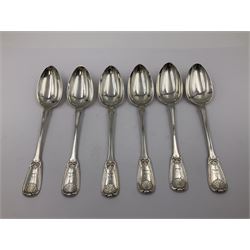 George IV Scottish silver Kings pattern cutlery for six place settings, to include table spoons, table forks, dessert spoons and dessert forks, all engraved with shamrock crest to terminal, hallmarked Robert Gray & Son, Glasgow 1833