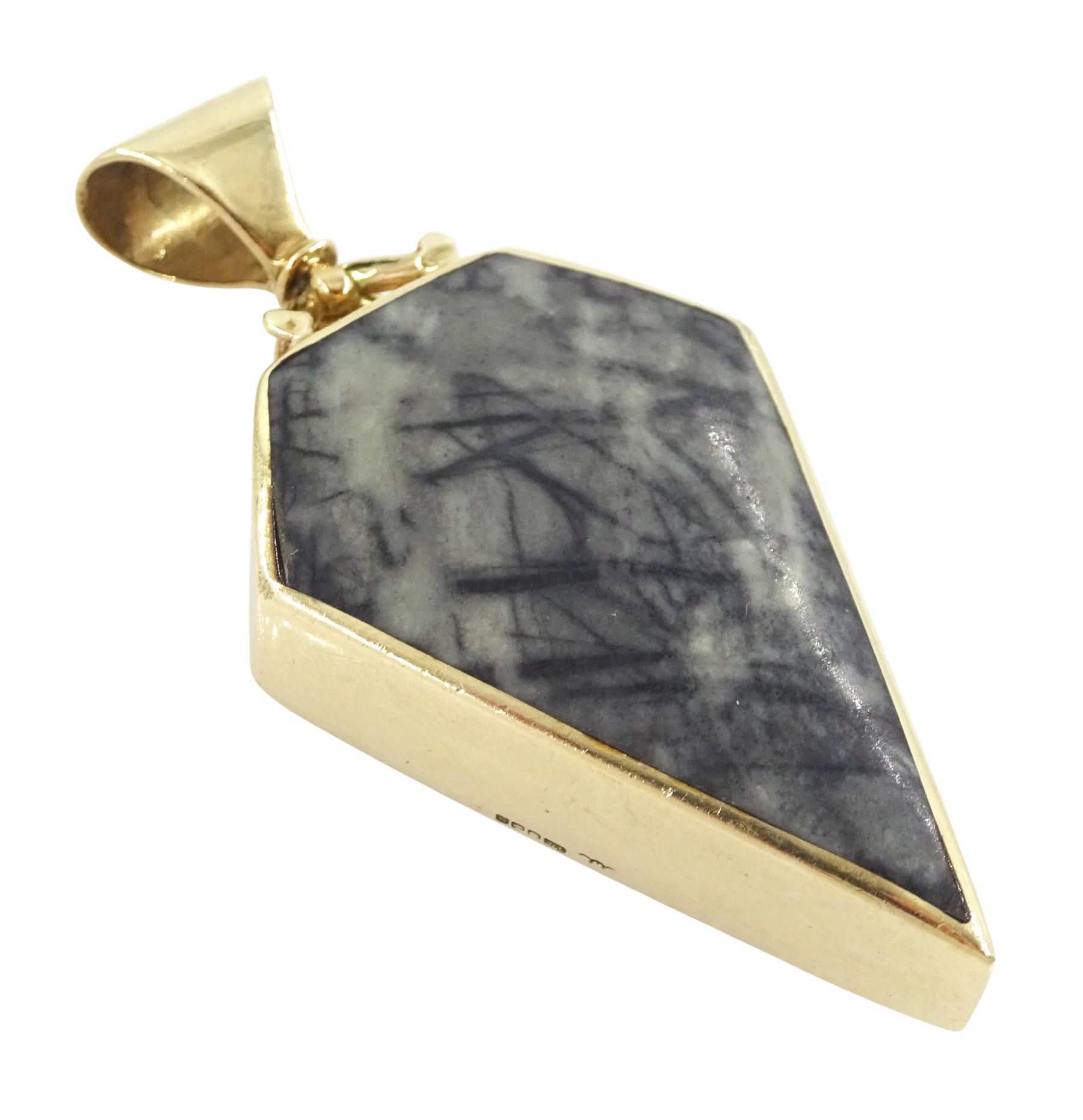 9ct gold kite shaped pendant, one side set with Whitby jet, the reverse set with Picasso jasper by C W Sellors, Sheffield 2001