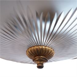 Late 20th century gilt metal ceiling light, circular form decorated with rams heads and swags, frosted glass bowl with bevelled decoration (D51cm); together with another late 20th century gilt metal ceiling ight, decorated with ribbons and rams heads with laurel swags, moulded glass bowl (D32cm)