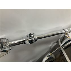 Pearl Vision SST Birch Ply shell four-piece drum kit in black comprising bass drum with foot pedal and three graduated toms; together with Pearl Custom Alloy Sensitone steel snare drum, drum and cymbal stands, microphone stand, stool and various drum sticks 