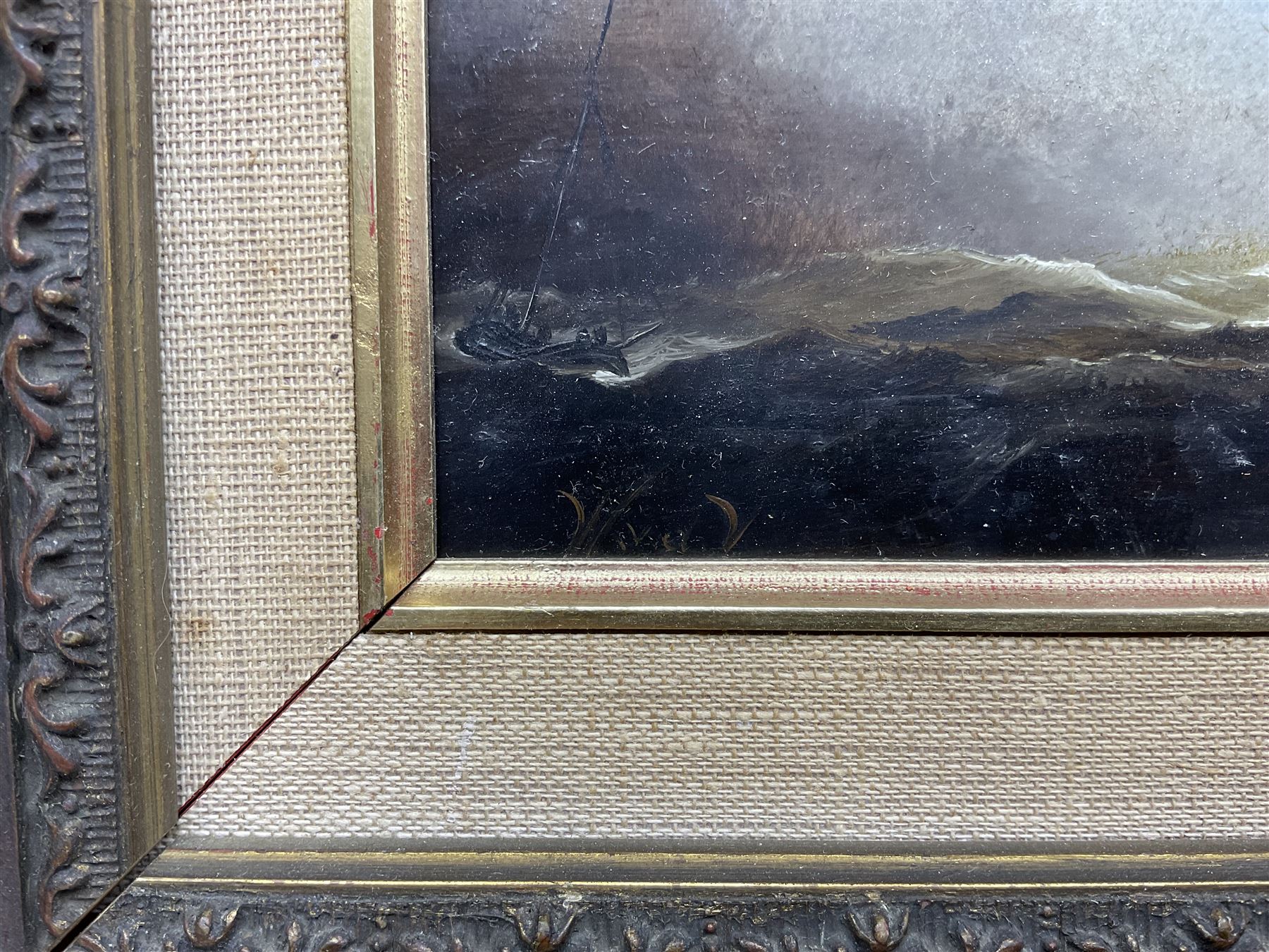 Style of Willem van de Velde the Younger (Dutch 1633-1707): Ship in Storm Conditions, oil on panel bearing initials 8cm x 16cm