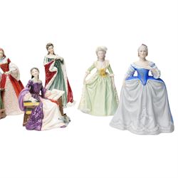 Six Royal Doulton figures, comprising Queens of the Realm Queen Anne HN3141 and Mary Queen of Scots HN3142, Lady Jane Grey HN3680, Margaret Tudor HN3838, Mary Tudor HN3834, Princess Elizabeth HN3682, together with three further Franklin Mint figures (9)