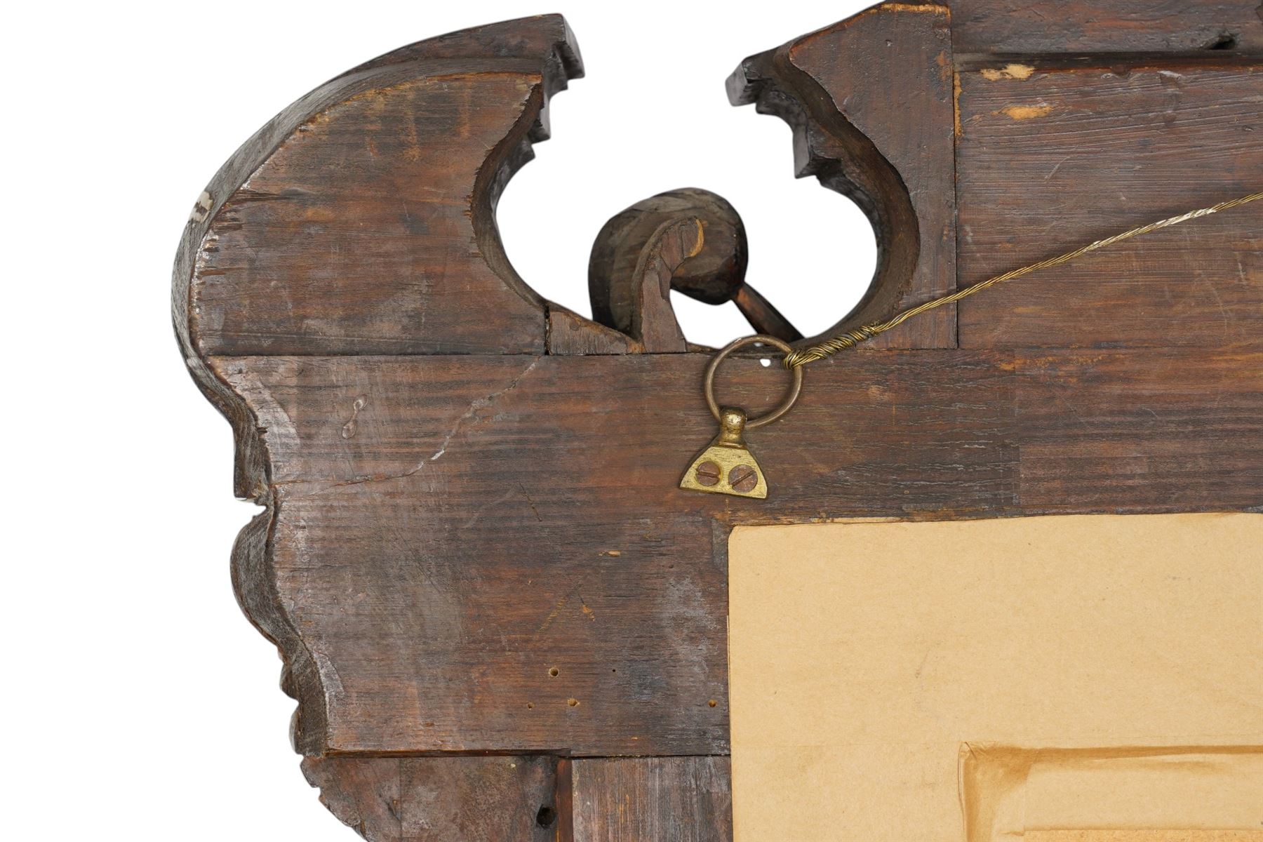 Renaissance-style mid 19th century carved fruitwood wall mirror, carved top surmounted by ‘broken’ arched pediment with central putti figure and grape vine, the sides with two putti figures above C-scroll decorations, and with a similarly carved base