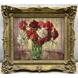 W H Jones (20th century): Still Life of Carnations, oil on canvas board signed 29cm x 34cm
Provenance: with James Starkey Galleries, Beverley, East Yorkshire
