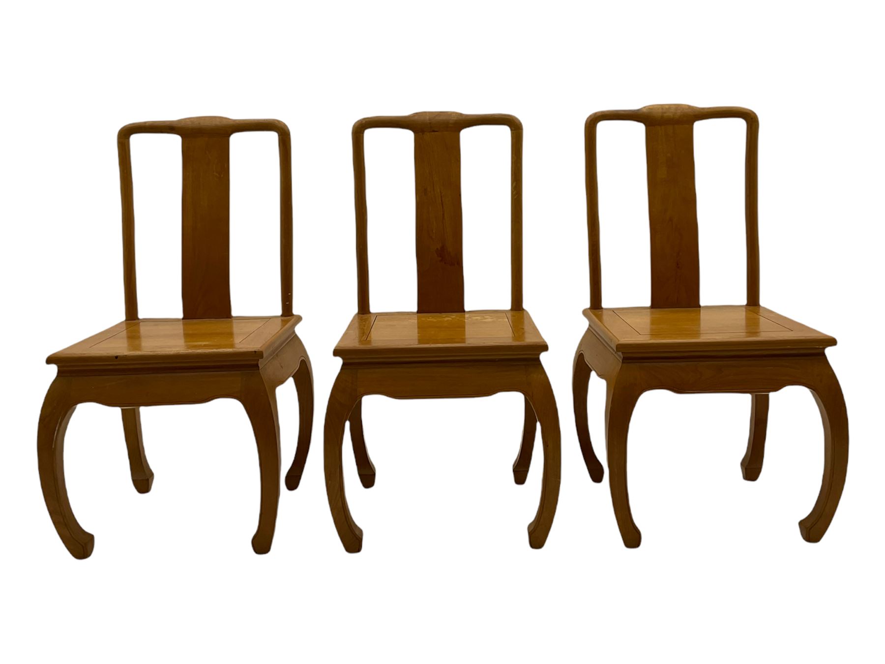 Oriental hardwood rectangular dining table, and six high back dining chairs with solid seats