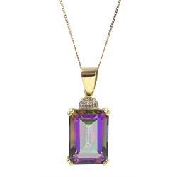 9ct gold emerald cut mystic topaz and diamond pendant necklace, stamped 375