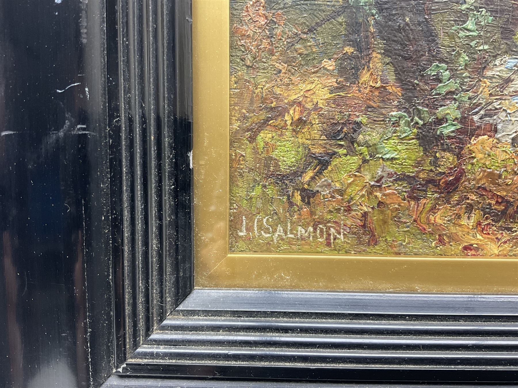 John Cuthbert Salmon (British 1844-1917): A Forest Glade, impasto oil on board signed 15cm x 23cm